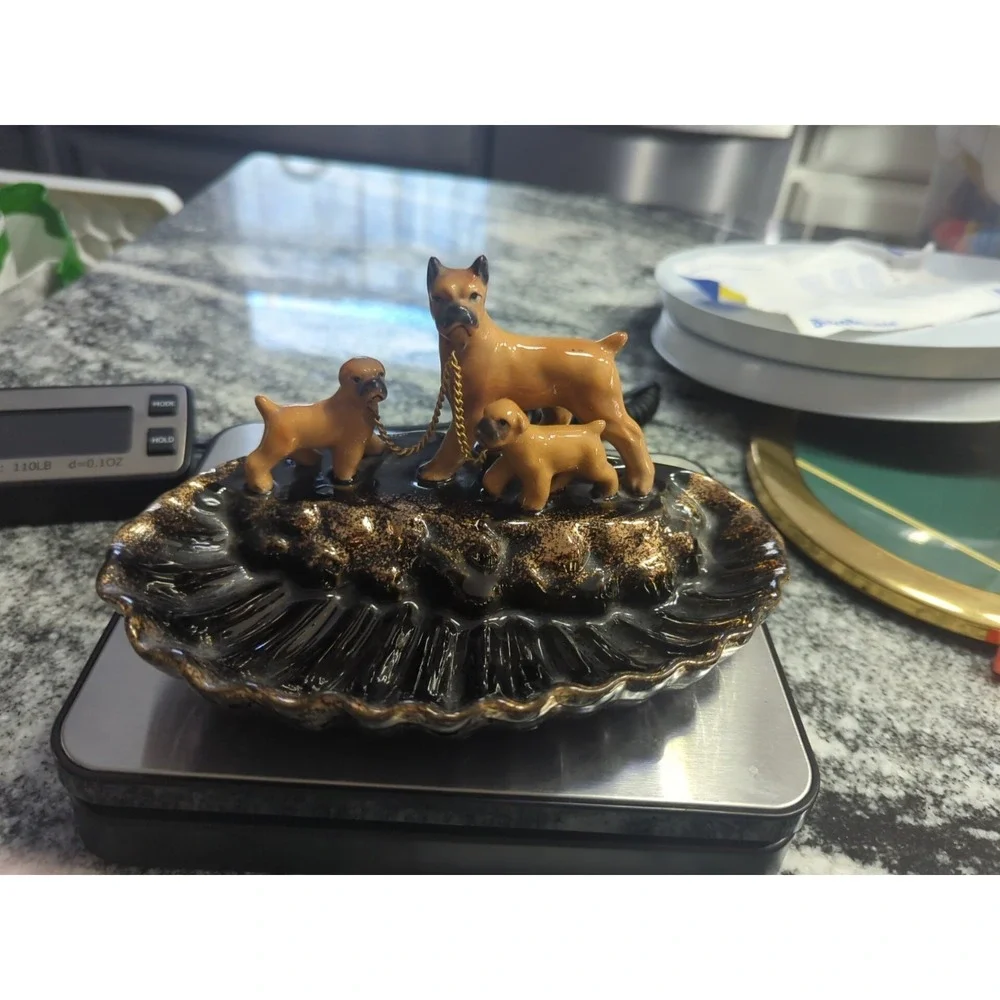 Vintage Mid Century Ashtray Boxer Dog & Puppies German Boxer MCM Japan